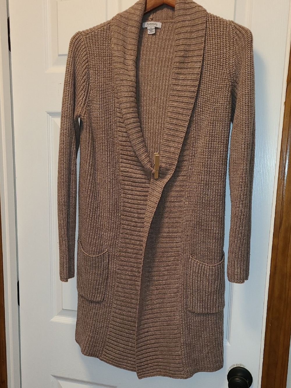 Taupe Open-Front Long Knit Cardigan with Shawl Collar